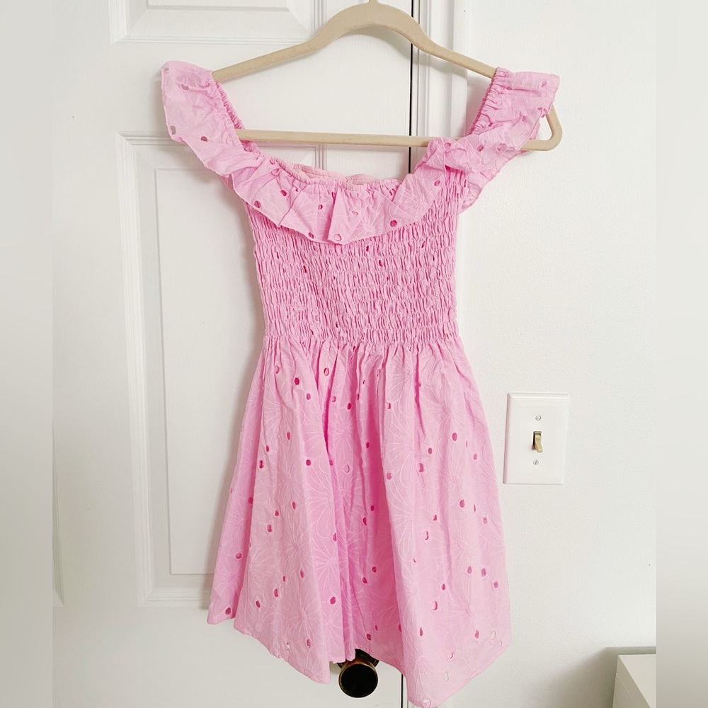 Dolls Kill Cottagecore Princess Pink Off Shoulder Eyelet Lace Pink Mini Dress
